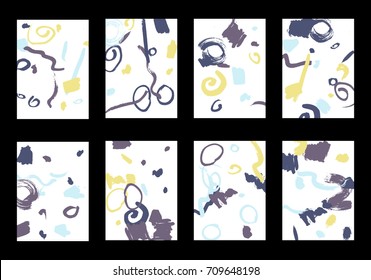 Set of 8 Cover Templates with Bright Brush Strokes on White Background. Colorful Base For Poster, Banner, Greeting Card or Invitation. Abstract Editable Design in Retro Style of 1990s