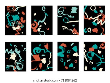 Set of 8 Cover Templates with Bright Brush Strokes on Black Background. Colorful Base For Poster, Banner, Greeting Card or Invitation. Abstract Editable Design in Retro Style of 1990s