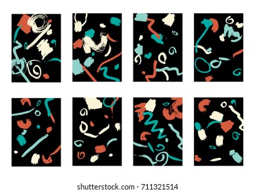 Set of 8 Cover Templates with Bright Brush Strokes on Black Background. Colorful Base For Poster, Banner, Greeting Card or Invitation. Abstract Editable Design in Retro Style of 1990s