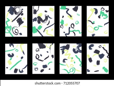 Set of 8 Cover Templates with Bright Brush Strokes on White Background. Colorful Base For Poster, Banner, Greeting Card or Invitation. Abstract Editable Design in Retro Style of 1990s
