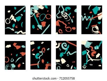 Set of 8 Cover Templates with Bright Brush Strokes on Black Background. Colorful Base For Poster, Banner, Greeting Card or Invitation. Abstract Editable Design in Retro Style of 1990s