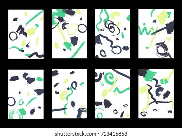 Set of 8 Cover Templates with Bright Brush Strokes on White Background. Colorful Base For Poster, Banner, Greeting Card or Invitation. Abstract Editable Design in Retro Style of 1990s