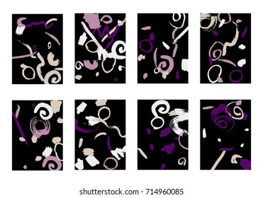 Set of 8 Cover Templates with Bright Brush Strokes on Black Background. Colorful Base For Poster, Banner, Greeting Card or Invitation. Abstract Editable Design in Retro Style of 1990s