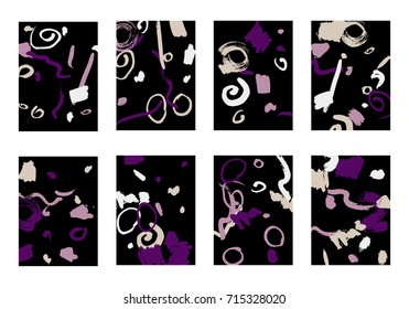 Set of 8 Cover Templates with Bright Brush Strokes on Black Background. Colorful Base For Poster, Banner, Greeting Card or Invitation. Abstract Editable Design in Retro Style of 1990s