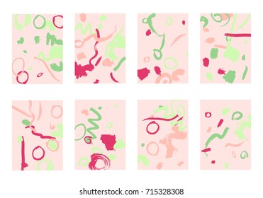 Set of 8 Cover Templates. Bright Abstract Backgrounds for Greeting Cards, Invitations, Posters, Banners. Creative Universal Cards. Hand Drawn Textures with Colorful Brush Strokes.