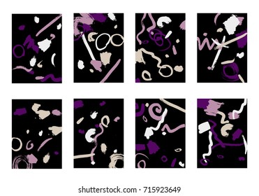 Set of 8 Cover Templates with Bright Brush Strokes on Black Background. Colorful Base For Poster, Banner, Greeting Card or Invitation. Abstract Editable Design in Retro Style of 1990s