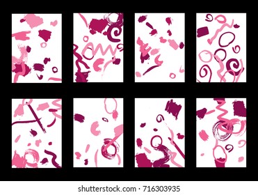 Set of 8 Cover Templates with Bright Brush Strokes on White Background. Colorful Base For Poster, Banner, Greeting Card or Invitation. Abstract Editable Design in Retro Style of 1990s