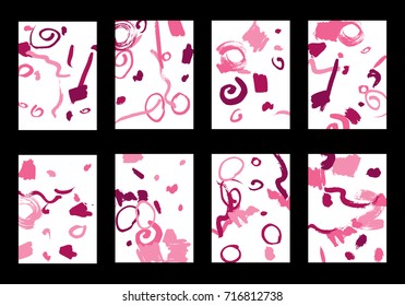 Set of 8 Cover Templates with Bright Brush Strokes on White Background. Colorful Base For Poster, Banner, Greeting Card or Invitation. Abstract Editable Design in Retro Style of 1990s