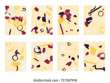 Set of 8 Cover Templates. Bright Abstract Backgrounds for Greeting Cards, Invitations, Posters, Banners. Creative Universal Cards. Hand Drawn Textures with Colorful Brush Strokes.