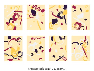 Set of 8 Cover Templates. Bright Abstract Backgrounds for Greeting Cards, Invitations, Posters, Banners. Creative Universal Cards. Hand Drawn Textures with Colorful Brush Strokes.