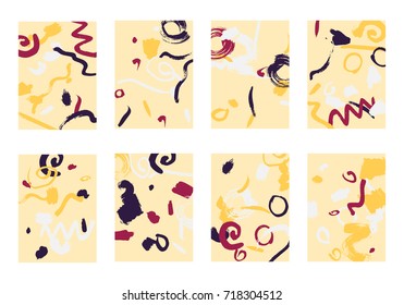 Set of 8 Cover Templates. Bright Abstract Backgrounds for Greeting Cards, Invitations, Posters, Banners. Creative Universal Cards. Hand Drawn Textures with Colorful Brush Strokes.