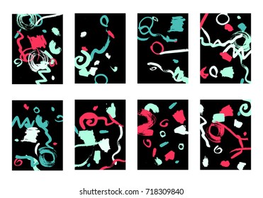 Set of 8 Cover Templates with Bright Brush Strokes on Black Background. Colorful Base For Poster, Banner, Greeting Card or Invitation. Abstract Editable Design in Retro Style of 1990s