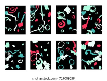 Set of 8 Cover Templates with Bright Brush Strokes on Black Background. Colorful Base For Poster, Banner, Greeting Card or Invitation