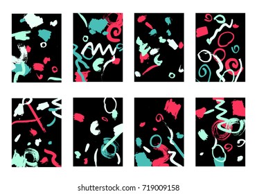 Set of 8 Cover Templates with Bright Brush Strokes on Black Background. Colorful Base For Poster, Banner, Greeting Card or Invitation. Abstract Editable Design in Retro Style of 1990s
