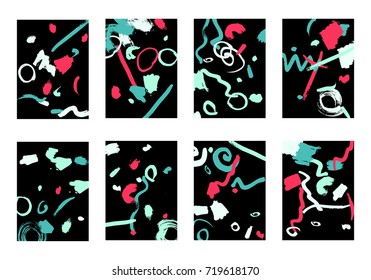 Set of 8 Cover Templates with Bright Brush Strokes on Black Background. Colorful Base For Poster, Banner, Greeting Card or Invitation. Abstract Editable Design in Retro Style of 1990s