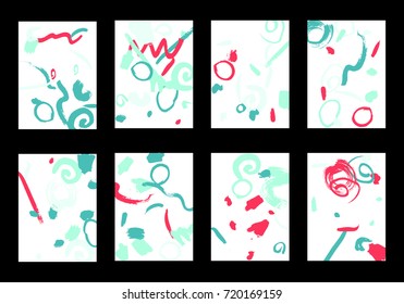 Set of 8 Cover Templates with Bright Brush Strokes on White Background. Colorful Base For Poster, Banner, Greeting Card or Invitation. Abstract Editable Design in Retro Style of 1990s