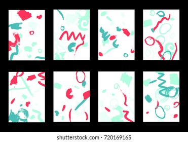 Set of 8 Cover Templates with Bright Brush Strokes on White Background. Colorful Base For Poster, Banner, Greeting Card or Invitation. Abstract Editable Design in Retro Style of 1990s