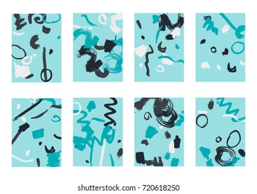 Set of 8 Cover Templates. Bright Abstract Backgrounds for Greeting Cards, Invitations, Posters, Banners. Creative Universal Cards. Hand Drawn Textures with Colorful Brush Strokes.