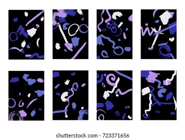 Set of 8 Cover Templates with Bright Brush Strokes on Black Background. Colorful Base For Poster, Banner, Greeting Card or Invitation. Abstract Editable Design in Retro Style of 1990s