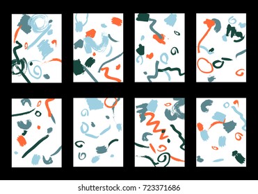 Set of 8 Cover Templates with Bright Brush Strokes on White Background. Colorful Base For Poster, Banner, Greeting Card or Invitation. Abstract Editable Design in Retro Style of 1990s