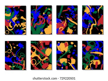 Set of 8 Cover Templates with Bright Brush Strokes on Black Background. Abstract Editable Design in Retro Style of 1990s. Colorful Base For Poster, Banner, Greeting Card or Invitation.