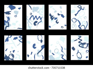 Set of 8 Cover Templates with Bright Brush Strokes on White Background. Colorful Base For Poster, Banner, Greeting Card or Invitation. Abstract Editable Design in Retro Style of 1990s