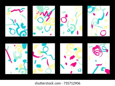 Set of 8 Cover Templates with Bright Brush Strokes on White Background. Colorful Base For Poster, Banner, Greeting Card or Invitation. Abstract Editable Design in Retro Style of 1990s