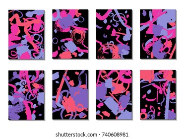 Set of 8 Cover Templates with Bright Brush Strokes on Black Background. Abstract Editable Design in Retro Style of 1990s. Colorful Base For Poster, Banner, Greeting Card or Invitation.