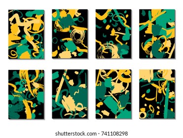 Set of 8 Cover Templates with Bright Brush Strokes on Black Background. Abstract Editable Design in Retro Style of 1990s. Colorful Base For Poster, Banner, Greeting Card or Invitation.