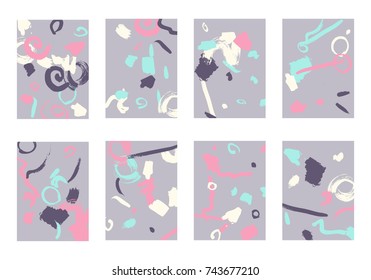 Set of 8 Cover Templates. Bright Abstract Backgrounds for Greeting Cards, Invitations, Posters, Banners. Creative Universal Cards. Hand Drawn Textures with Colorful Brush Strokes.