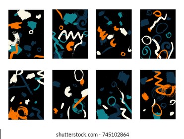 Set of 8 Cover Templates with Bright Brush Strokes on Black Background. Colorful Base For Poster, Banner, Greeting Card or Invitation. Abstract Editable Design in Retro Style of 1990s