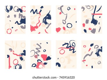 Set of 8 Cover Templates. Bright Abstract Backgrounds for Greeting Cards, Invitations, Posters, Banners. Creative Universal Cards. Hand Drawn Textures with Colorful Brush Strokes.