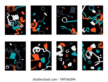 Set of 8 Cover Templates with Bright Brush Strokes on Black Background. Colorful Base For Poster, Banner, Greeting Card or Invitation. Abstract Editable Design in Retro Style of 1990s