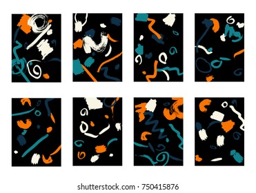 Set of 8 Cover Templates with Bright Brush Strokes on Black Background. Colorful Base For Poster, Banner, Greeting Card or Invitation. Abstract Editable Design in Retro Style of 1990s