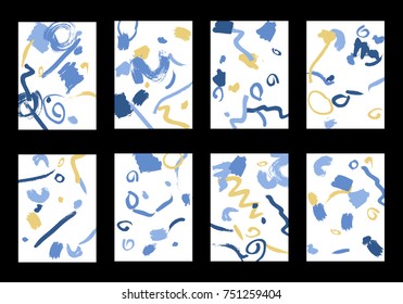 Set of 8 Cover Templates with Bright Brush Strokes on White Background. Colorful Base For Poster, Banner, Greeting Card or Invitation. Abstract Editable Design in Retro Style of 1990s