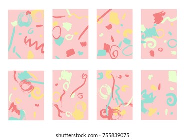 Set of 8 Cover Templates. Bright Abstract Backgrounds for Greeting Cards, Invitations, Posters, Banners. Creative Universal Cards. Hand Drawn Textures with Colorful Brush Strokes.