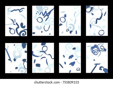 Set of 8 Cover Templates with Bright Brush Strokes on White Background. Colorful Base For Poster, Banner, Greeting Card or Invitation. Abstract Editable Design in Retro Style of 1990s