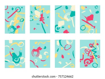 Set of 8 Cover Templates. Bright Abstract Backgrounds for Greeting Cards, Invitations, Posters, Banners. Creative Universal Cards. Hand Drawn Textures with Colorful Brush Strokes.