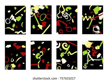 Set of 8 Cover Templates with Bright Brush Strokes on Black Background. Colorful Base For Poster, Banner, Greeting Card or Invitation. Abstract Editable Design in Retro Style of 1990s