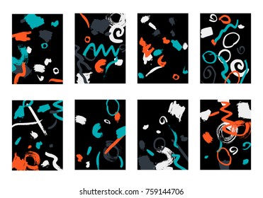 Set of 8 Cover Templates with Bright Brush Strokes on Black Background. Colorful Base For Poster, Banner, Greeting Card or Invitation. Abstract Editable Design in Retro Style of 1990s