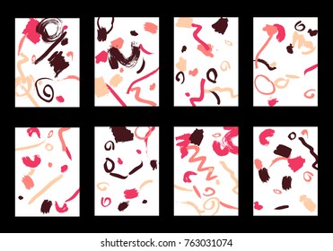 Set of 8 Cover Templates with Bright Brush Strokes on White Background. Colorful Base For Poster, Banner, Greeting Card or Invitation. Abstract Editable Design in Retro Style of 1990s