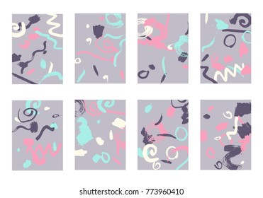 Set of 8 Cover Templates. Bright Abstract Backgrounds for Greeting Cards, Invitations, Posters, Banners. Creative Universal Cards. Hand Drawn Textures with Colorful Brush Strokes.