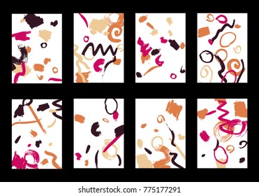 Set of 8 Cover Templates with Bright Brush Strokes on White Background. Colorful Base For Poster, Banner, Greeting Card or Invitation. Abstract Editable Design in Retro Style of 1990s