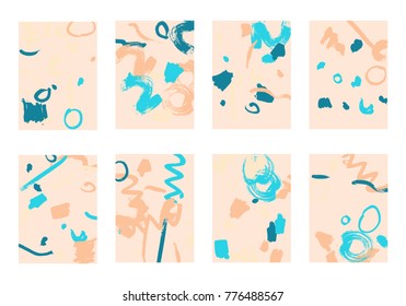 Set of 8 Cover Templates. Bright Abstract Backgrounds for Greeting Cards, Invitations, Posters, Banners. Creative Universal Cards. Hand Drawn Textures with Colorful Brush Strokes.