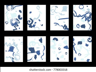 Set of 8 Cover Templates with Bright Brush Strokes on White Background. Colorful Base For Poster, Banner, Greeting Card or Invitation. Abstract Editable Design in Retro Style of 1990s