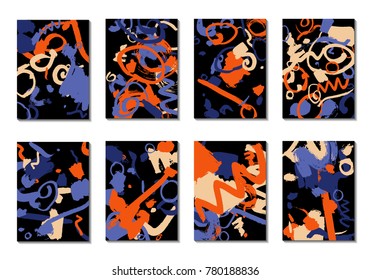 Set of 8 Cover Templates with Bright Brush Strokes on Black Background. Abstract Editable Design in Retro Style of 1990s. Colorful Base For Poster, Banner, Greeting Card or Invitation.