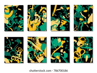 Set of 8 Cover Templates with Bright Brush Strokes on Black Background. Abstract Editable Design in Retro Style of 1990s. Colorful Base For Poster, Banner, Greeting Card or Invitation.