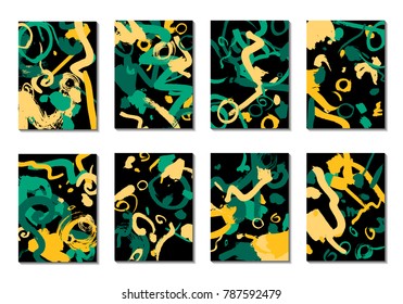 Set of 8 Cover Templates with Bright Brush Strokes on Black Background. Abstract Editable Design in Retro Style of 1990s. Colorful Base For Poster, Banner, Greeting Card or Invitation.