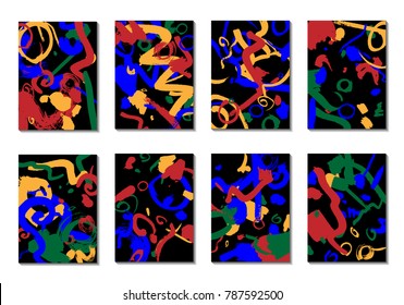 Set of 8 Cover Templates with Bright Brush Strokes on Black Background. Abstract Editable Design in Retro Style of 1990s. Colorful Base For Poster, Banner, Greeting Card or Invitation.