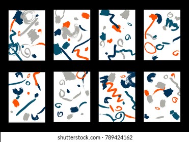 Set of 8 Cover Templates with Bright Brush Strokes on White Background. Colorful Base For Poster, Banner, Greeting Card or Invitation. Abstract Editable Design in Retro Style of 1990s